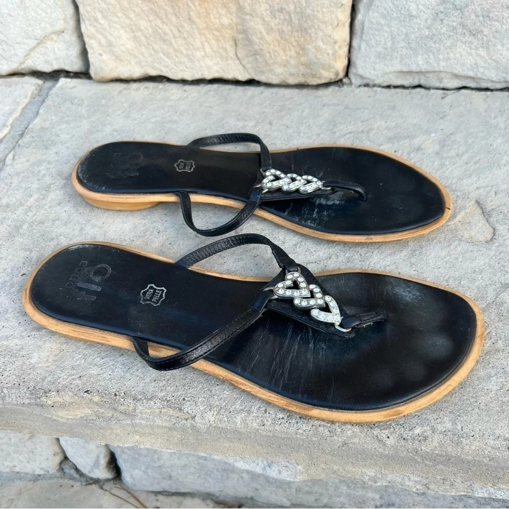 BLACK leather thin strap sandals with rhinestones Sz 38